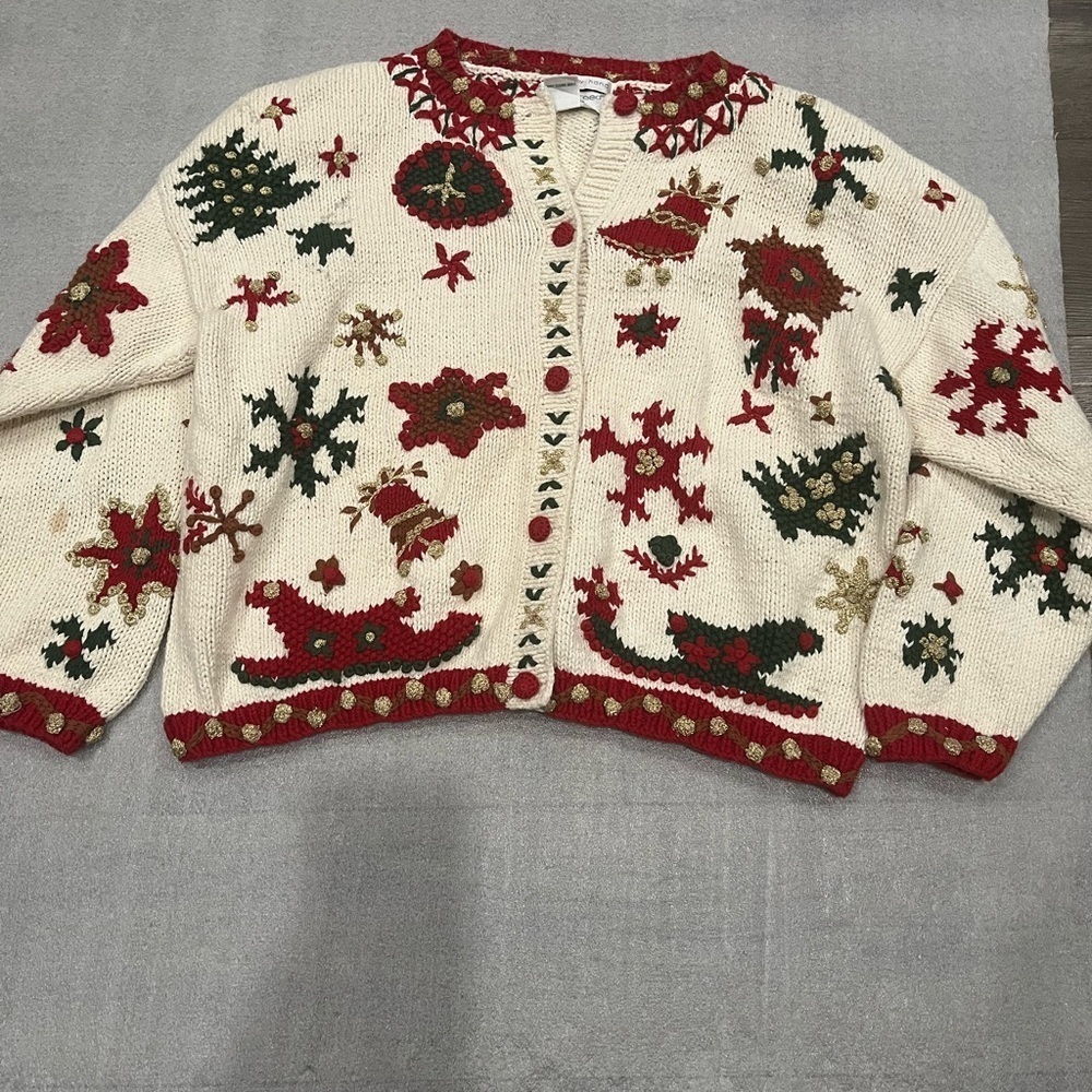 [L]VTG Jennifer Reed Holiday Ramie Blend Button Sweater Red Green Gold-As Is - Picture 2 of 10